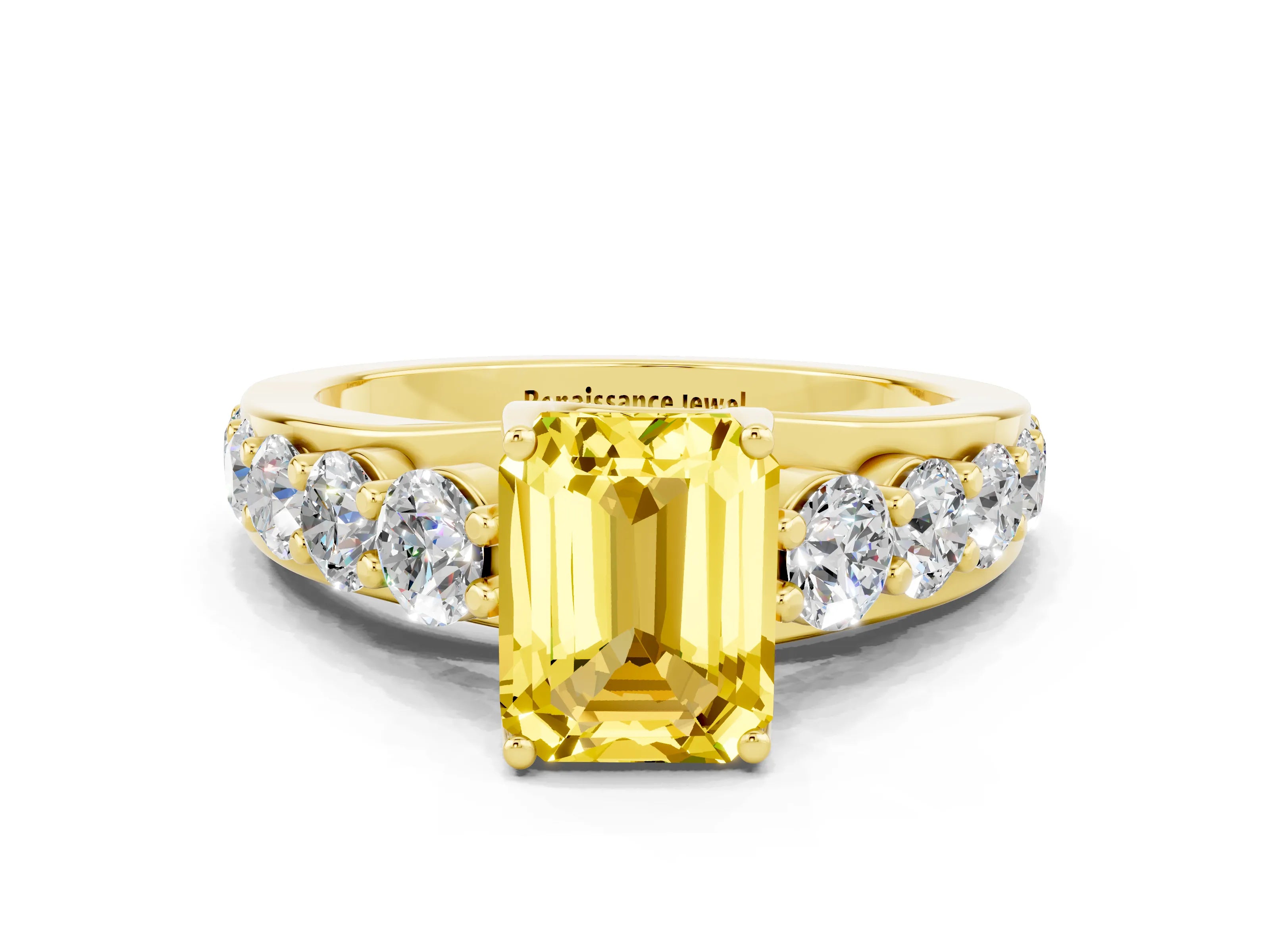 Yellow gold Emerald Cut Yellow Sapphire Engagement Ring with Pavé Band and Four-Prong Setting