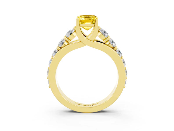 Yellow gold Emerald Cut Yellow Sapphire Engagement Ring with Pavé Band and Four-Prong Setting