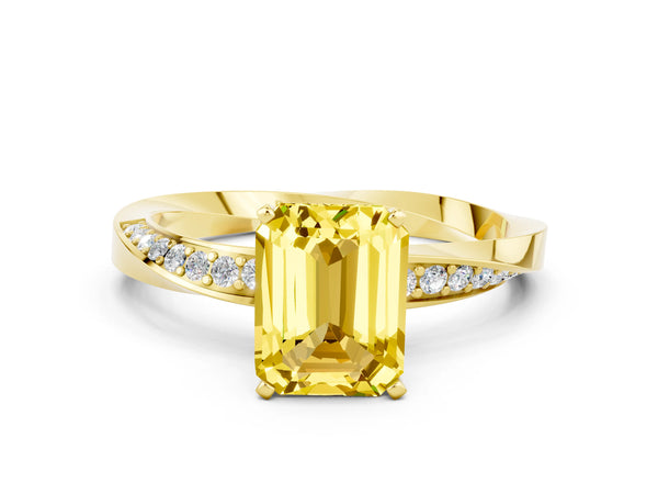 Yellow gold Emerald Cut Yellow Sapphire Engagement Ring with Side Stone Accents and Four-Prong Setting