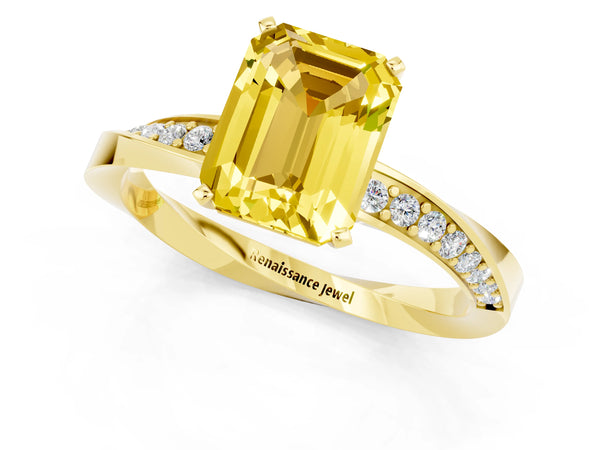 Yellow gold Emerald Cut Yellow Sapphire Engagement Ring with Side Stone Accents and Four-Prong Setting