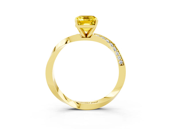 Yellow gold Emerald Cut Yellow Sapphire Engagement Ring with Side Stone Accents and Four-Prong Setting