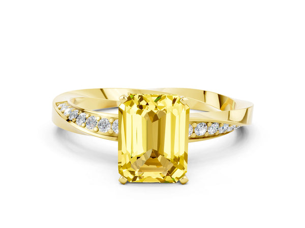 Yellow gold Emerald Cut Yellow Sapphire Engagement Ring with Side Stone Accents and Four-Prong Setting