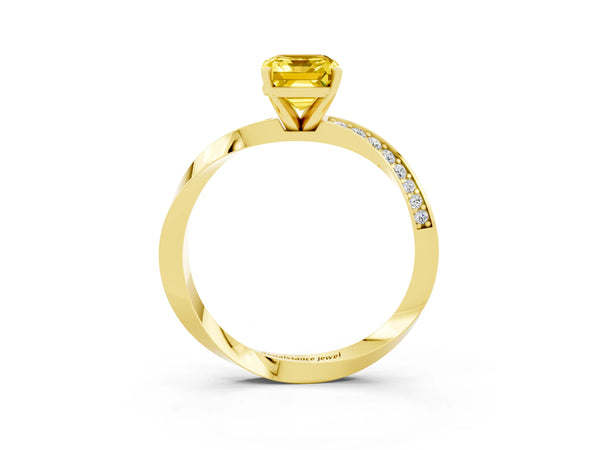 Yellow gold Emerald Cut Yellow Sapphire Engagement Ring with Side Stone Accents and Four-Prong Setting