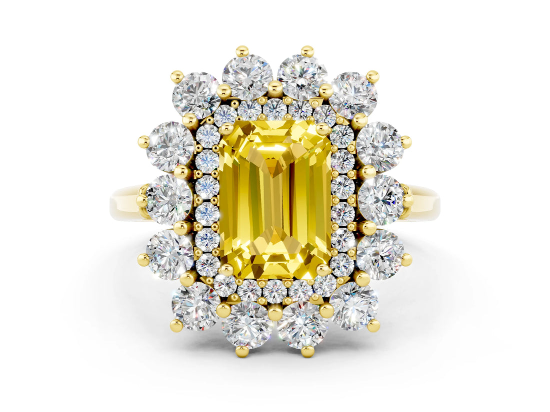 Yellow gold Emerald Cut Yellow Sapphire Floral Double Halo Engagement Ring with Prong Setting_60
