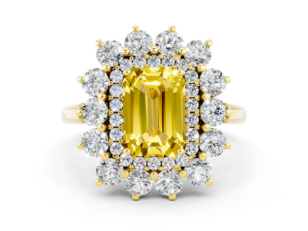 Yellow gold Emerald Cut Yellow Sapphire Floral Double Halo Engagement Ring with Prong Setting