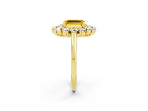 Yellow gold Emerald Cut Yellow Sapphire Floral Double Halo Engagement Ring with Prong Setting
