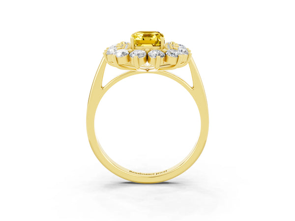 Yellow gold Emerald Cut Yellow Sapphire Floral Double Halo Engagement Ring with Prong Setting