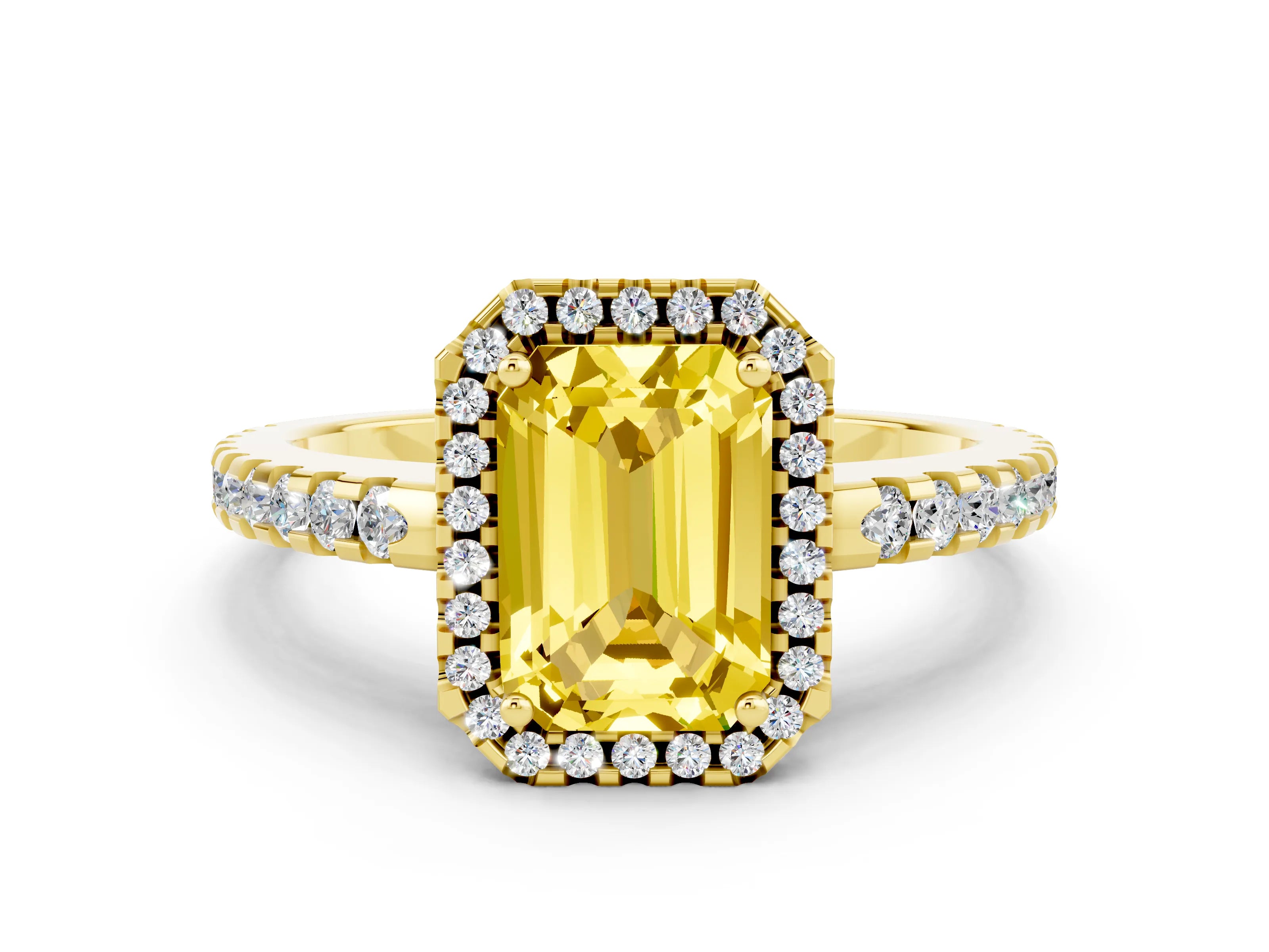 Yellow gold Emerald Cut Yellow Sapphire Halo Engagement Ring with Pavé Band and Prong Setting_12