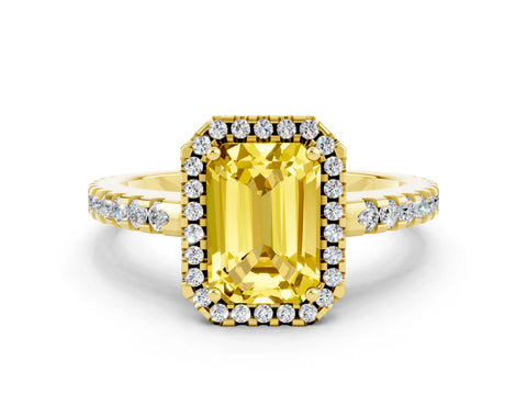 Yellow gold Emerald Cut Yellow Sapphire Halo Engagement Ring with Pavé Band and Prong Setting_12