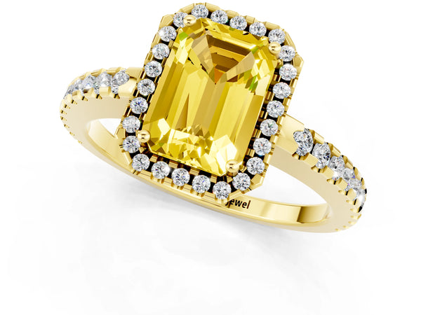 Yellow gold Emerald Cut Yellow Sapphire Halo Engagement Ring with Pavé Band and Prong Setting