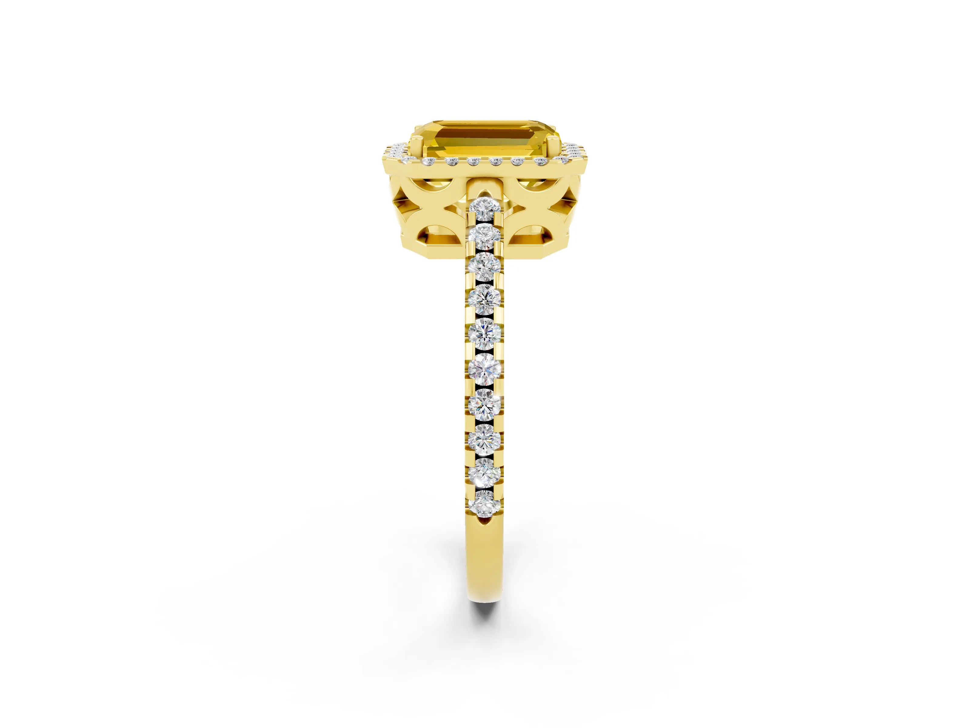Yellow gold Emerald Cut Yellow Sapphire Halo Engagement Ring with Pavé Band and Prong Setting_14