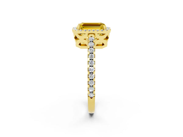 Yellow gold Emerald Cut Yellow Sapphire Halo Engagement Ring with Pavé Band and Prong Setting