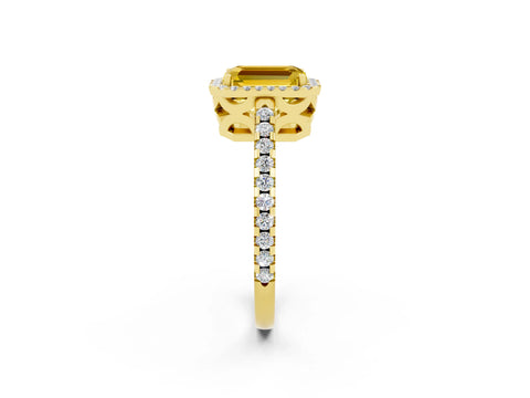Yellow gold Emerald Cut Yellow Sapphire Halo Engagement Ring with Pavé Band and Prong Setting_14