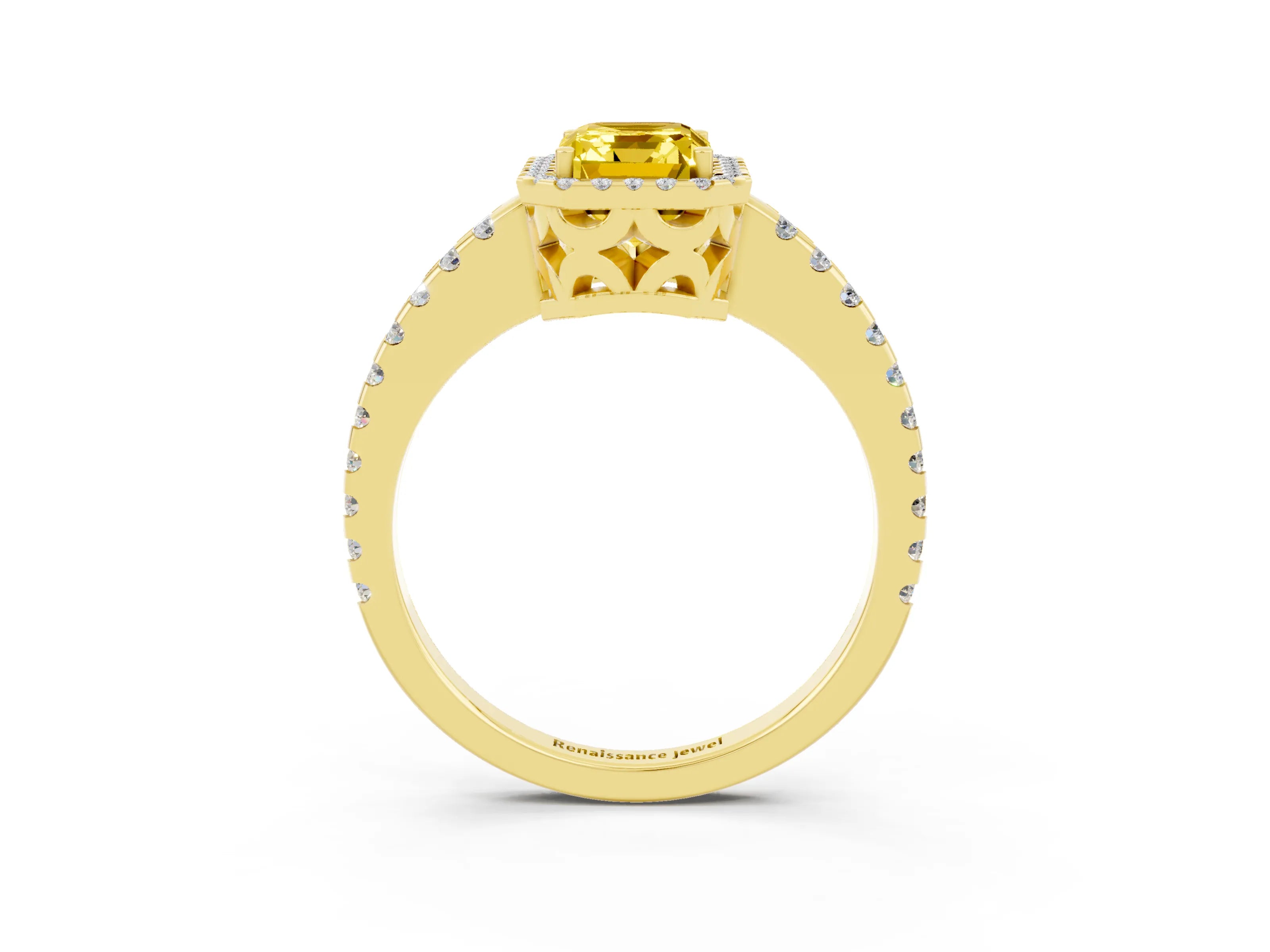 Yellow gold Emerald Cut Yellow Sapphire Halo Engagement Ring with Pavé Band and Prong Setting_15