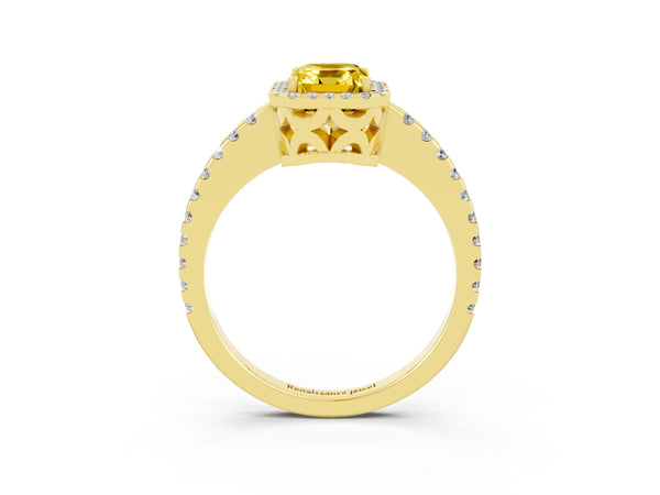 Yellow gold Emerald Cut Yellow Sapphire Halo Engagement Ring with Pavé Band and Prong Setting
