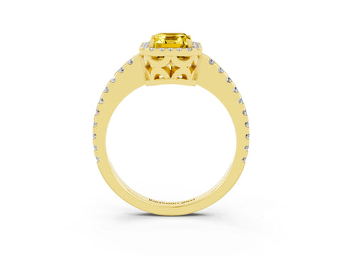 Yellow gold Emerald Cut Yellow Sapphire Halo Engagement Ring with Pavé Band and Prong Setting_15