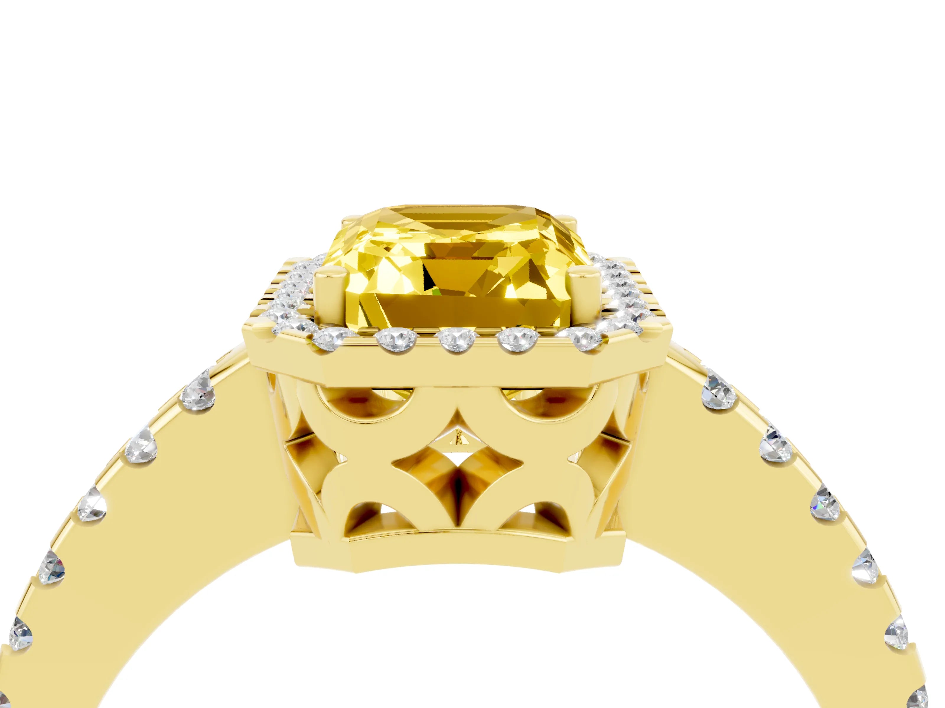 Yellow gold Emerald Cut Yellow Sapphire Halo Engagement Ring with Pavé Band and Prong Setting_16
