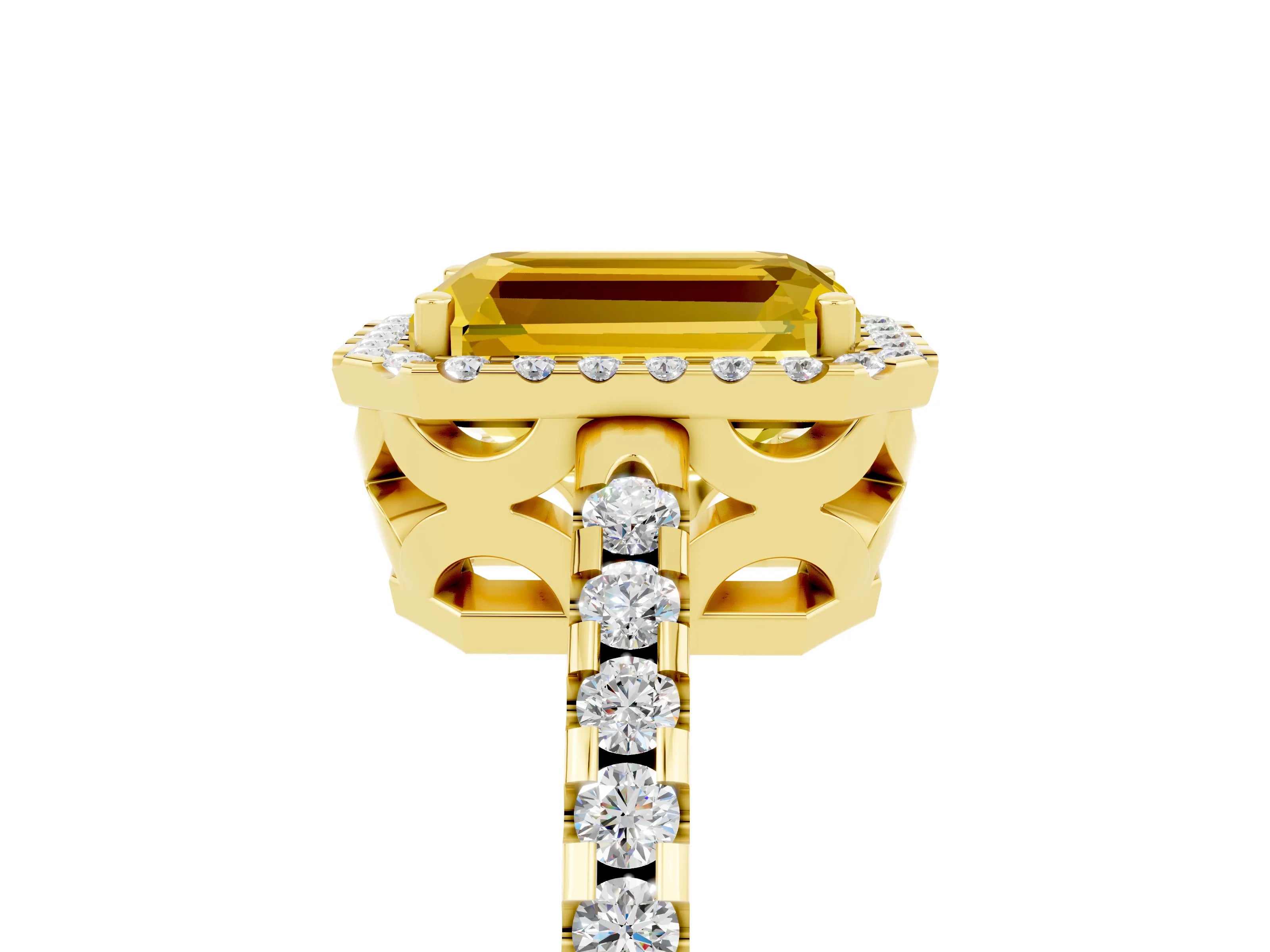 Yellow gold Emerald Cut Yellow Sapphire Halo Engagement Ring with Pavé Band and Prong Setting_17