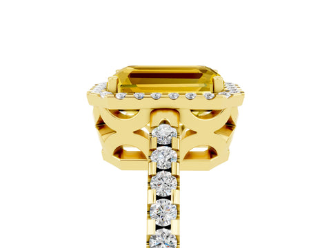 Yellow gold Emerald Cut Yellow Sapphire Halo Engagement Ring with Pavé Band and Prong Setting_17