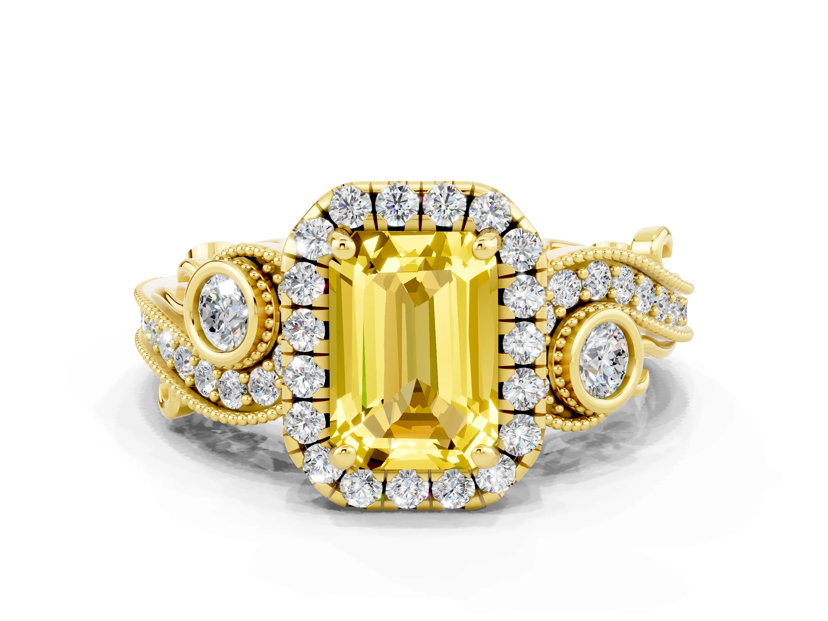 Yellow gold Emerald Cut Yellow Sapphire Halo Ring with Milgrain Pavé Band and Four-Prong Setting_12