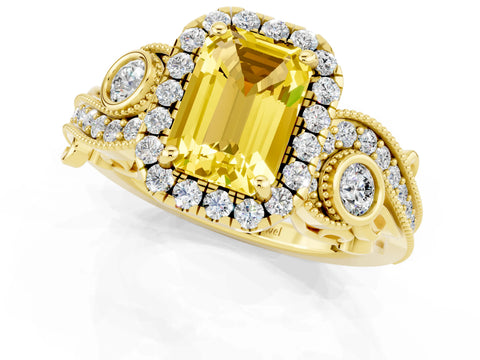 Yellow gold Emerald Cut Yellow Sapphire Halo Ring with Milgrain Pavé Band and Four-Prong Setting_13