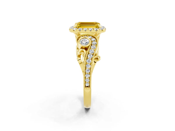 Yellow gold Emerald Cut Yellow Sapphire Halo Ring with Milgrain Pavé Band and Four-Prong Setting