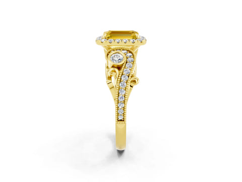 Yellow gold Emerald Cut Yellow Sapphire Halo Ring with Milgrain Pavé Band and Four-Prong Setting_14