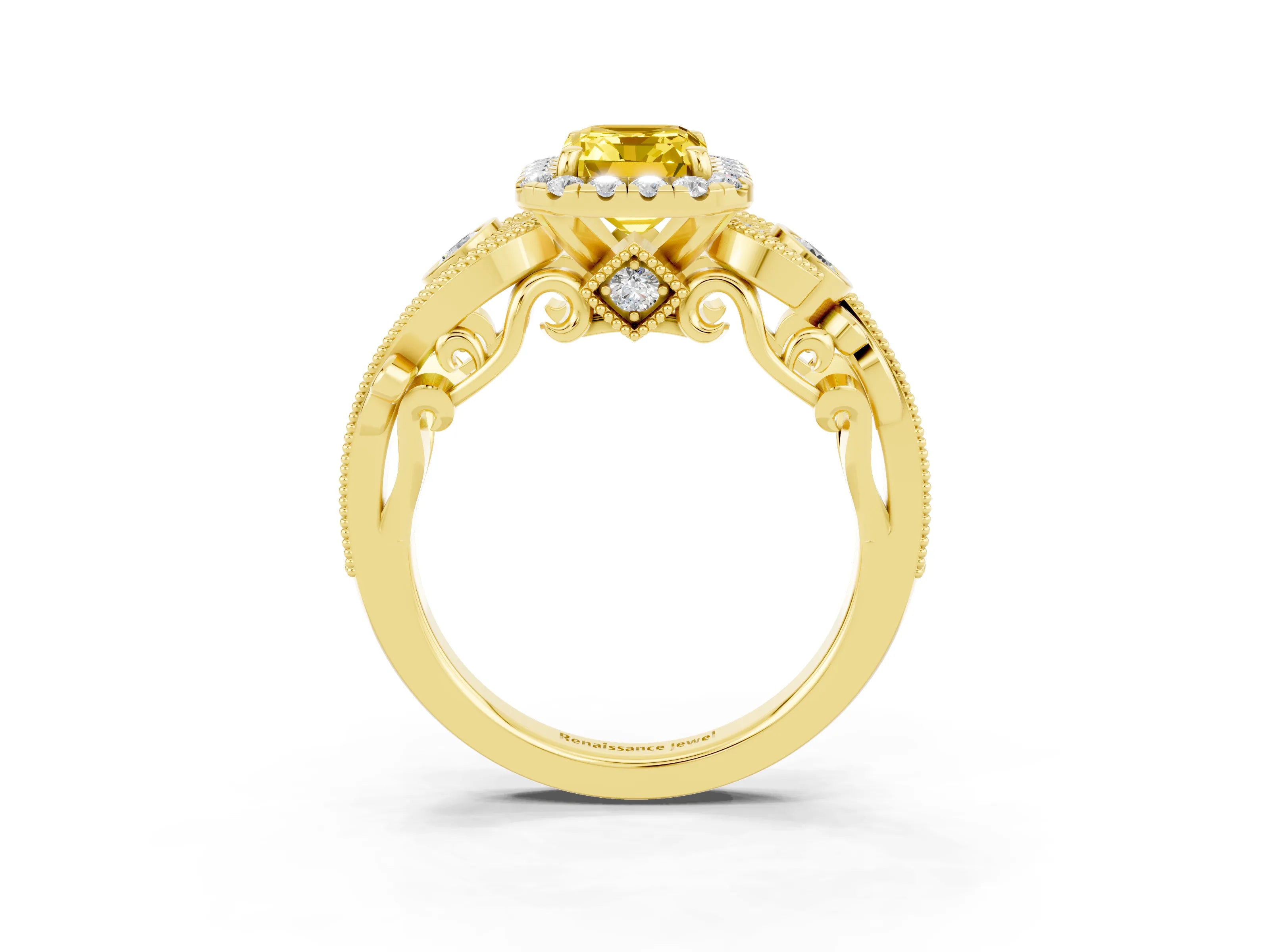 Yellow gold Emerald Cut Yellow Sapphire Halo Ring with Milgrain Pavé Band and Four-Prong Setting_15