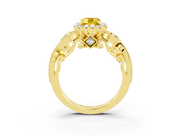 Yellow gold Emerald Cut Yellow Sapphire Halo Ring with Milgrain Pavé Band and Four-Prong Setting