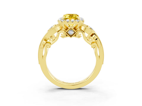 Yellow gold Emerald Cut Yellow Sapphire Halo Ring with Milgrain Pavé Band and Four-Prong Setting_15