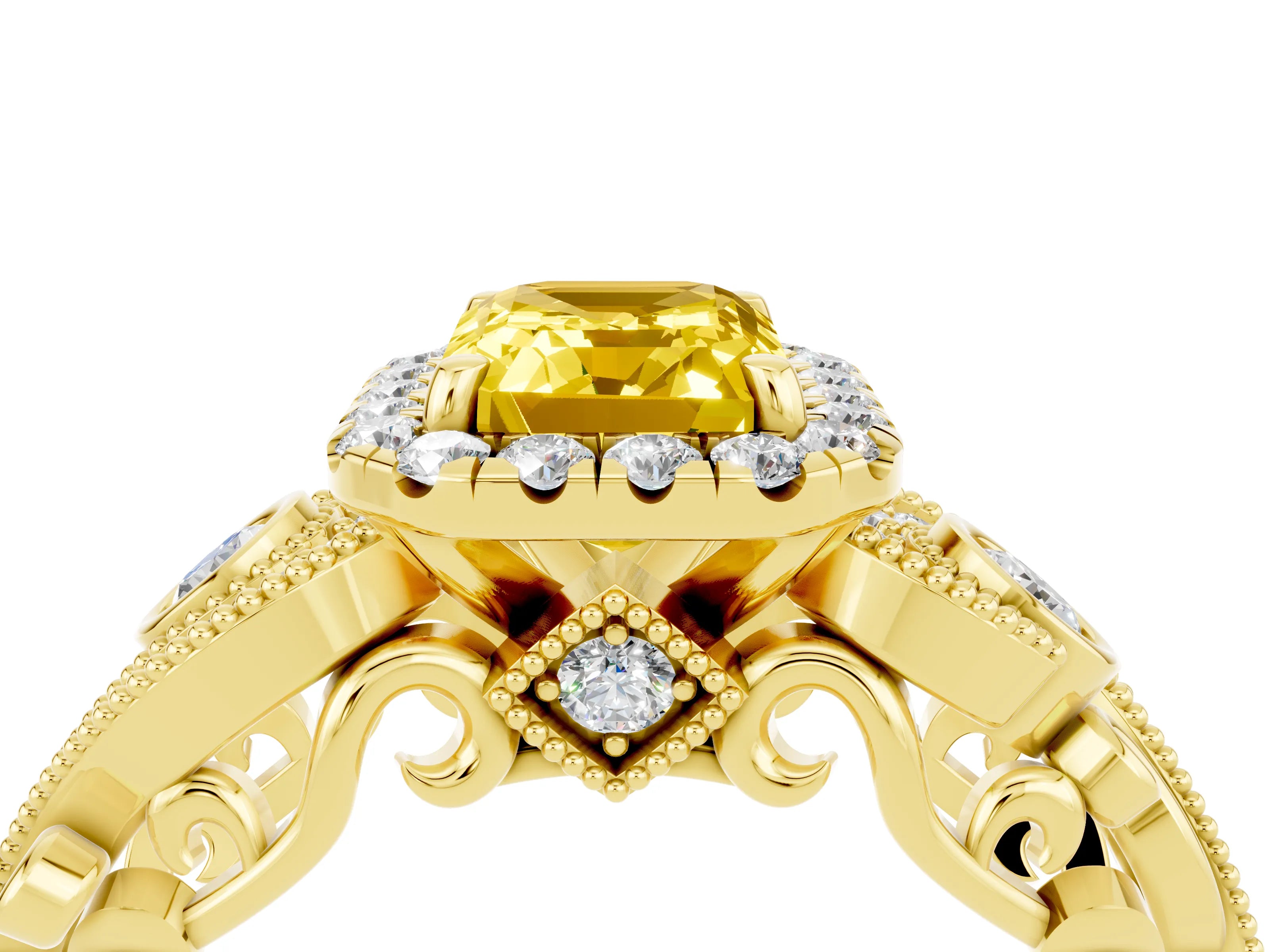 Yellow gold Emerald Cut Yellow Sapphire Halo Ring with Milgrain Pavé Band and Four-Prong Setting_16