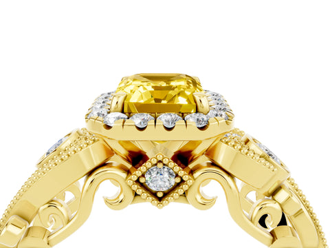 Yellow gold Emerald Cut Yellow Sapphire Halo Ring with Milgrain Pavé Band and Four-Prong Setting_16