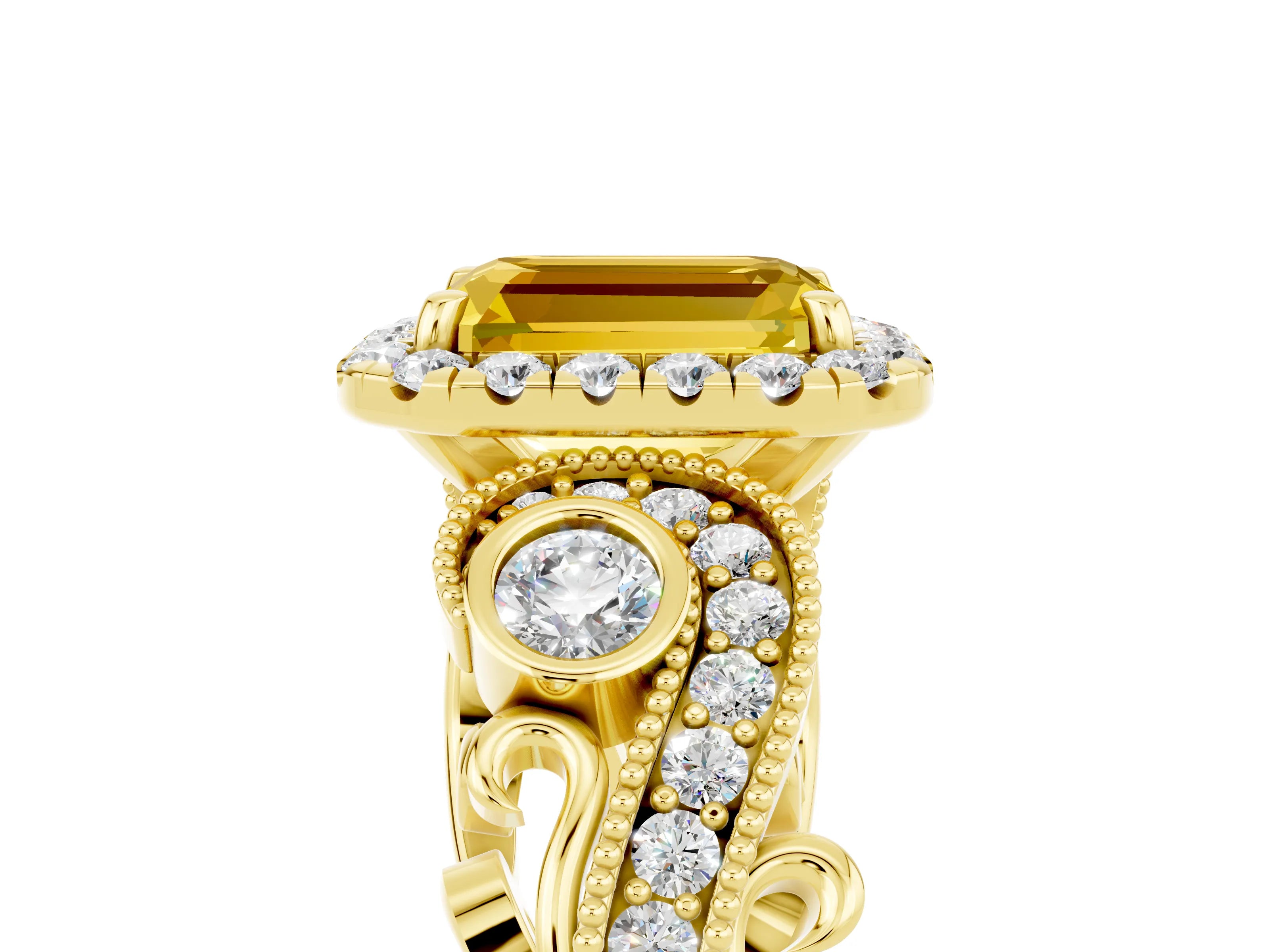 Yellow gold Emerald Cut Yellow Sapphire Halo Ring with Milgrain Pavé Band and Four-Prong Setting_17