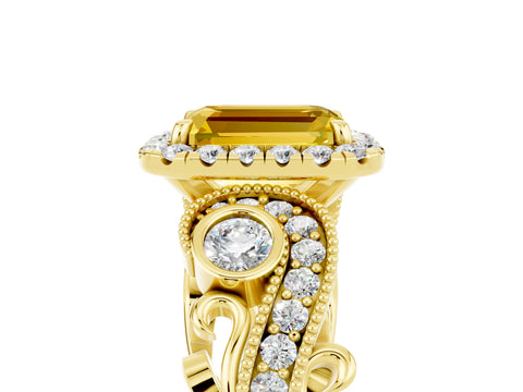 Yellow gold Emerald Cut Yellow Sapphire Halo Ring with Milgrain Pavé Band and Four-Prong Setting_17