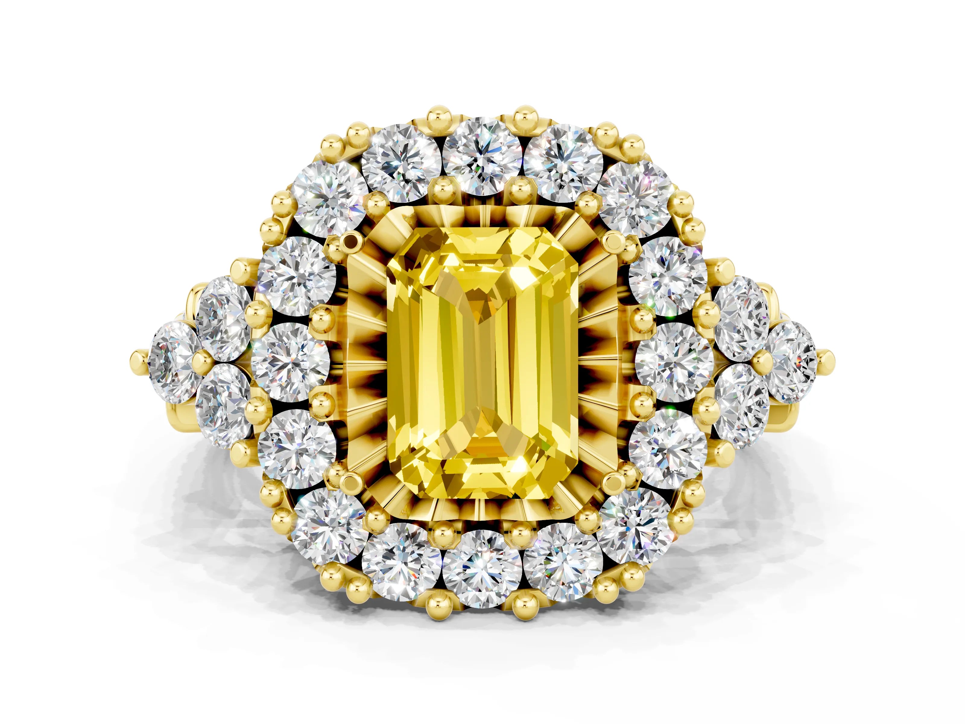 Yellow gold Emerald Cut Yellow Sapphire Halo Ring with Pavé Band and Four-Prong Setting_12