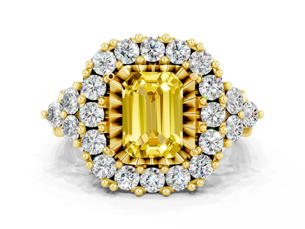 Yellow gold Emerald Cut Yellow Sapphire Halo Ring with Pavé Band and Four-Prong Setting
