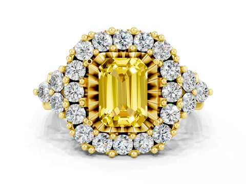 Yellow gold Emerald Cut Yellow Sapphire Halo Ring with Pavé Band and Four-Prong Setting_12
