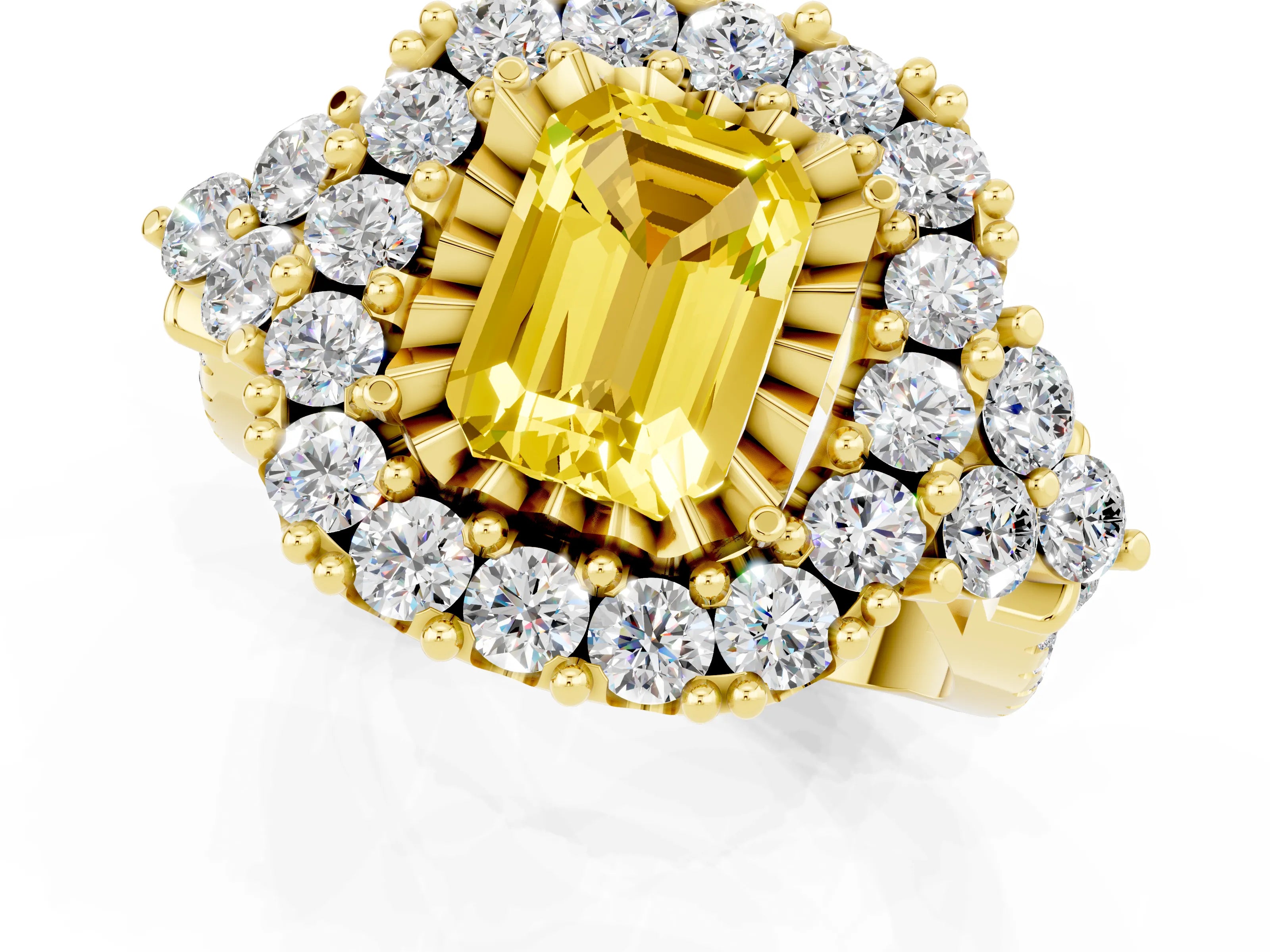 Yellow gold Emerald Cut Yellow Sapphire Halo Ring with Pavé Band and Four-Prong Setting_13