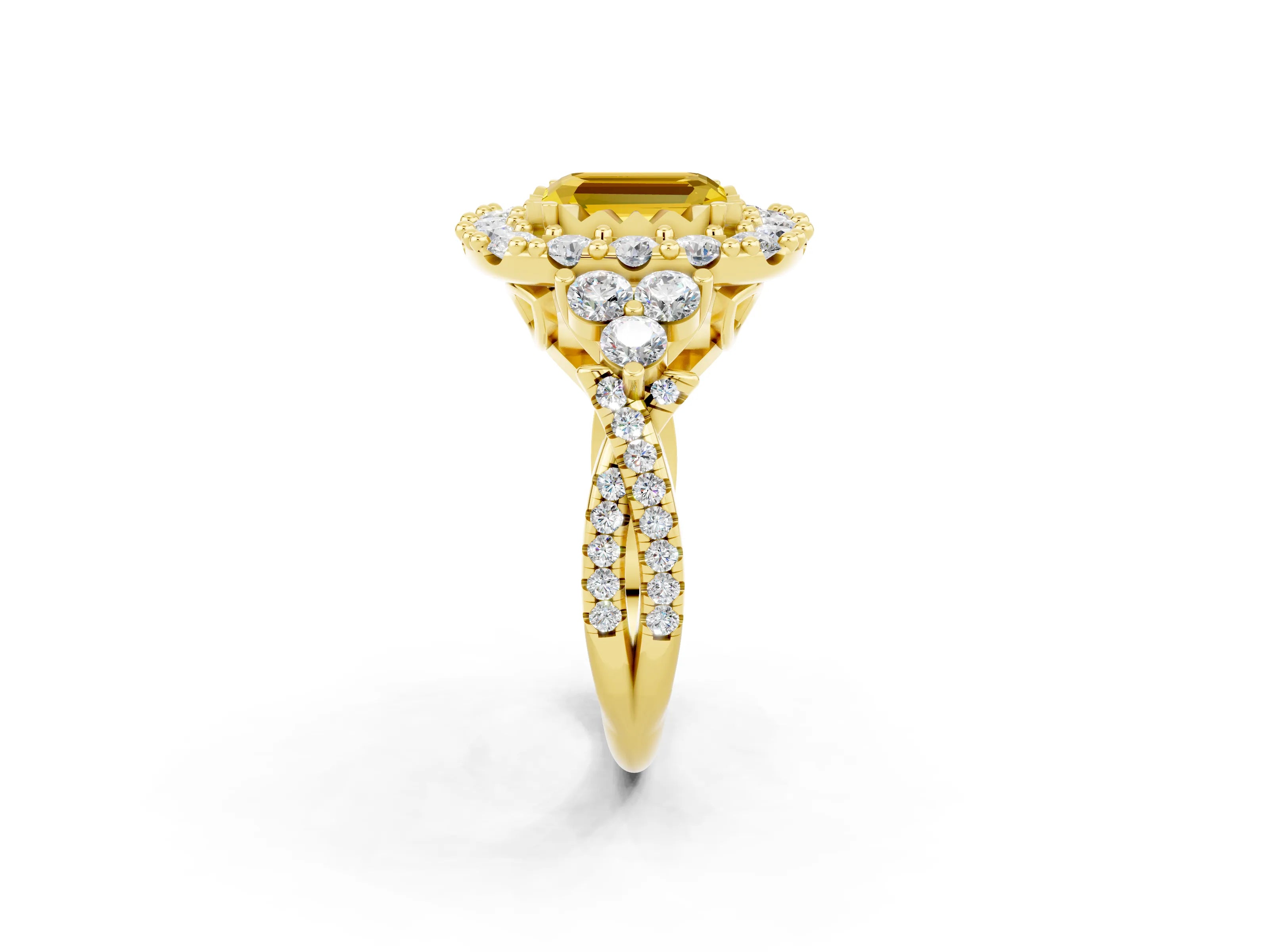 Yellow gold Emerald Cut Yellow Sapphire Halo Ring with Pavé Band and Four-Prong Setting_14