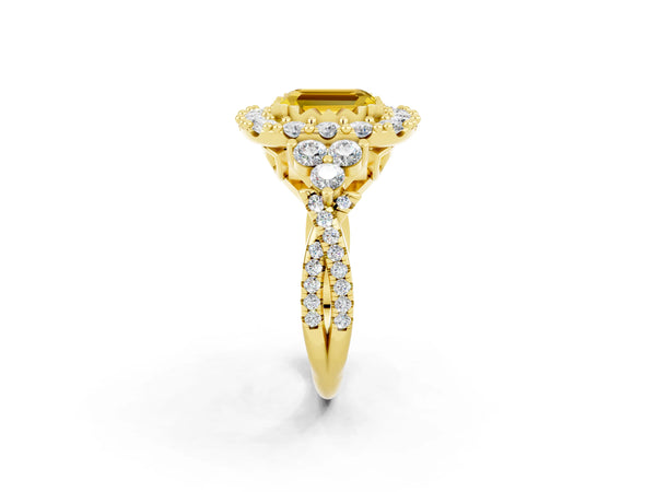 Yellow gold Emerald Cut Yellow Sapphire Halo Ring with Pavé Band and Four-Prong Setting