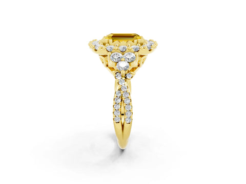Yellow gold Emerald Cut Yellow Sapphire Halo Ring with Pavé Band and Four-Prong Setting_14