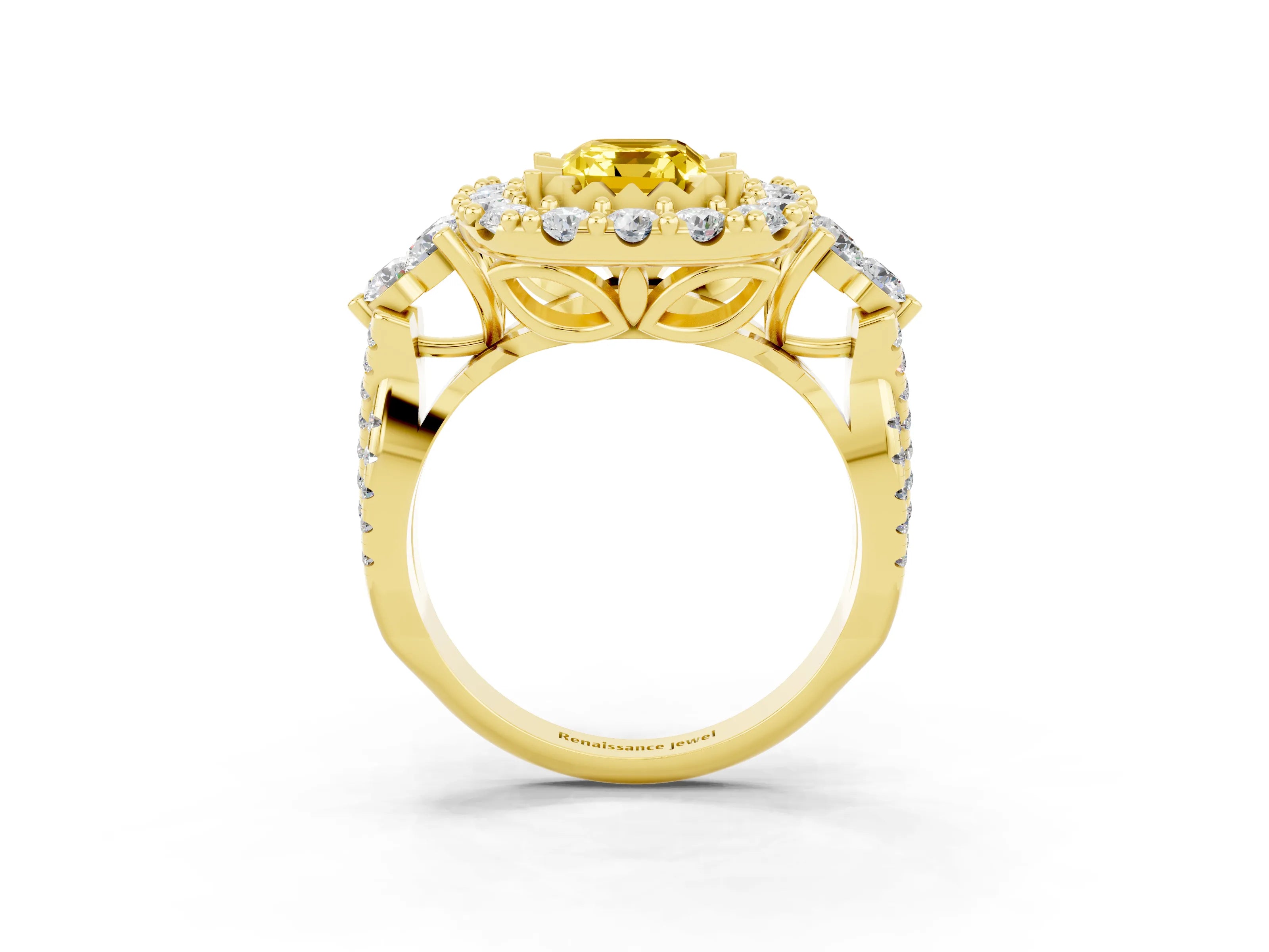 Yellow gold Emerald Cut Yellow Sapphire Halo Ring with Pavé Band and Four-Prong Setting_15