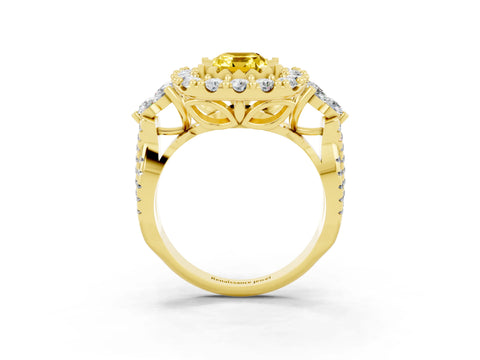 Yellow gold Emerald Cut Yellow Sapphire Halo Ring with Pavé Band and Four-Prong Setting_15