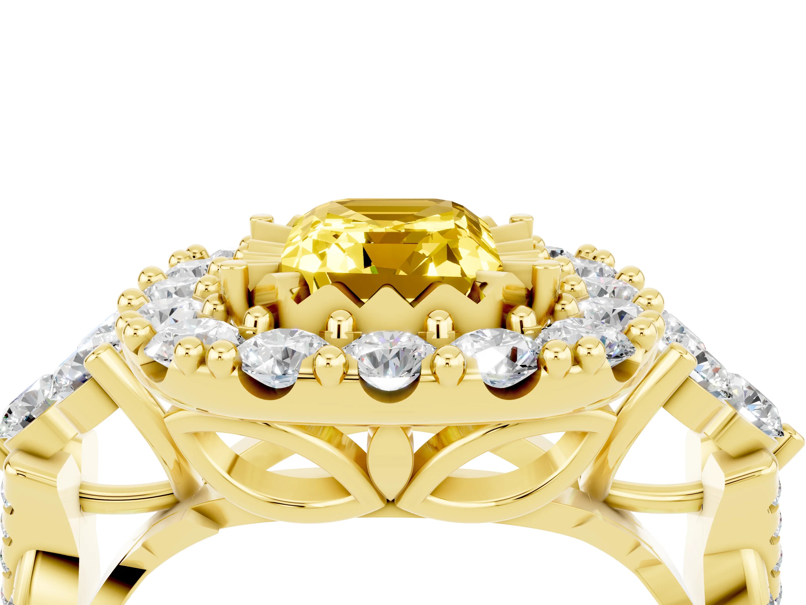 Yellow gold Emerald Cut Yellow Sapphire Halo Ring with Pavé Band and Four-Prong Setting_16