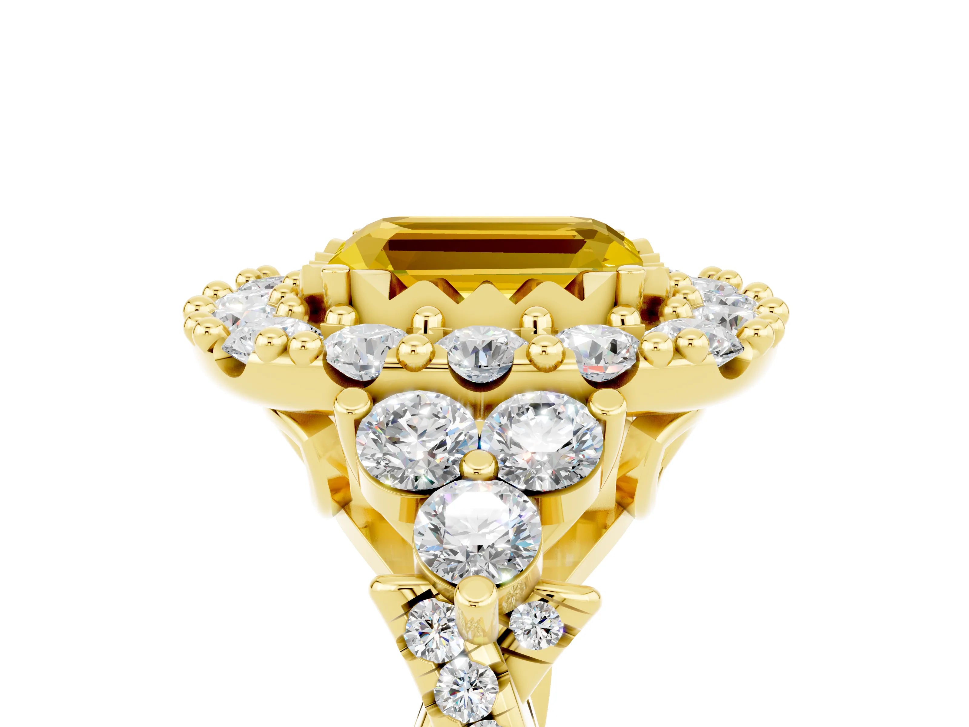 Yellow gold Emerald Cut Yellow Sapphire Halo Ring with Pavé Band and Four-Prong Setting_17