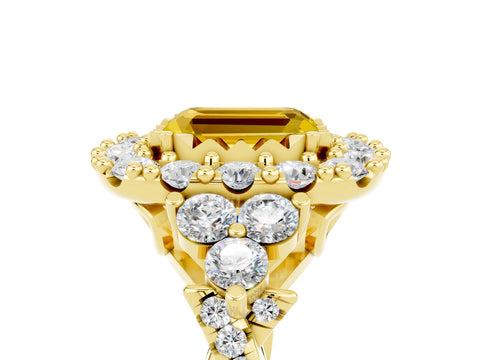 Yellow gold Emerald Cut Yellow Sapphire Halo Ring with Pavé Band and Four-Prong Setting_17