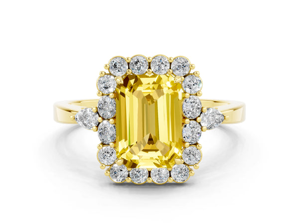 Yellow gold Emerald Cut Yellow Sapphire Halo Ring with Pear Side Stones and Prong Setting