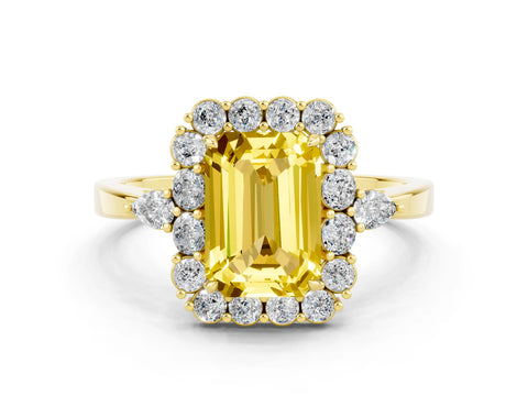 Yellow gold Emerald Cut Yellow Sapphire Halo Ring with Pear Side Stones and Prong Setting_12