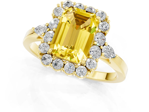 Yellow gold Emerald Cut Yellow Sapphire Halo Ring with Pear Side Stones and Prong Setting