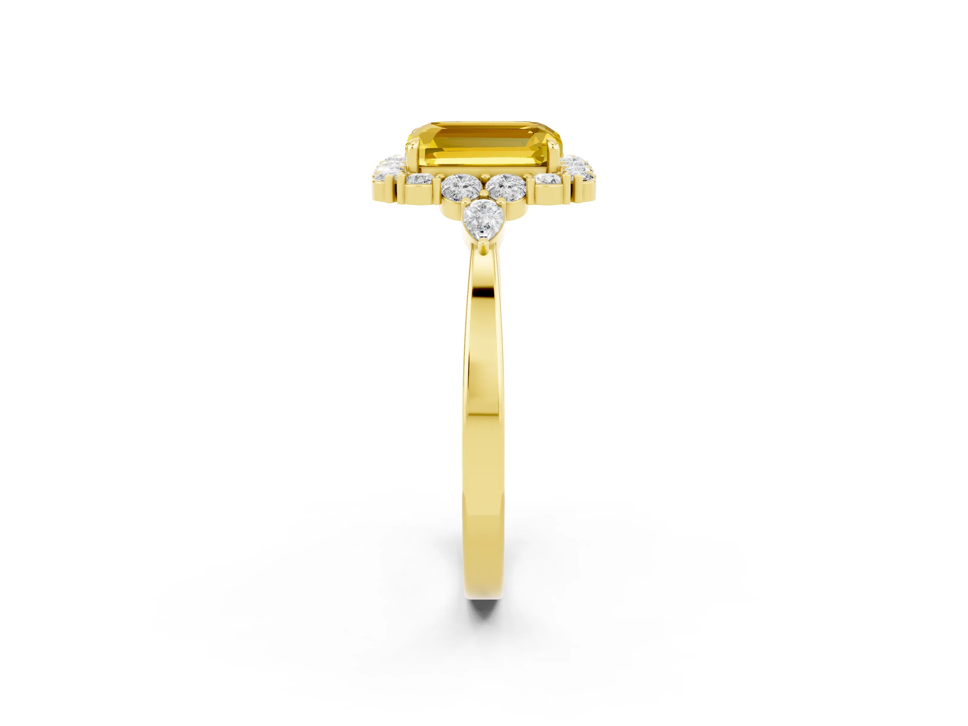 Yellow gold Emerald Cut Yellow Sapphire Halo Ring with Pear Side Stones and Prong Setting_14